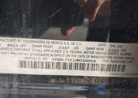 2009 Volkswagen Jetta Tdi z USA, uszkodzony, nr VIN 3VWAL71K19M160058